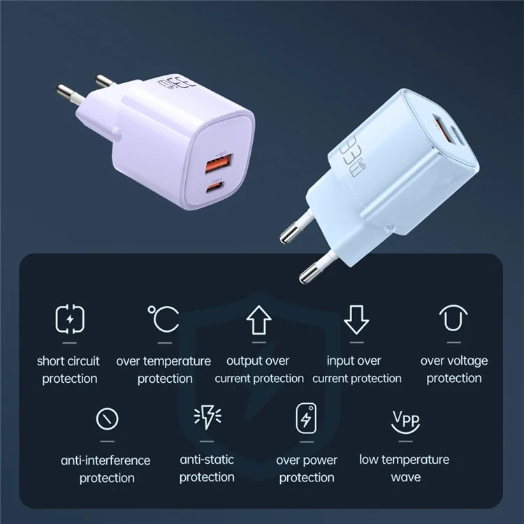 MCDODO MDD Nano Series PD 33W USB-A + Type-C Fast Charging Adapter Dual Port Wall Charger - EU Plug / Blue