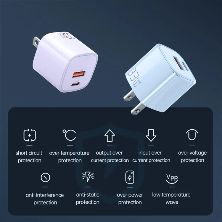 MCDODO MDD Nano Series PD 33W USB-A + Type-C Fast Charging Adapter Dual Port Wall Charger - US Plug / Blue