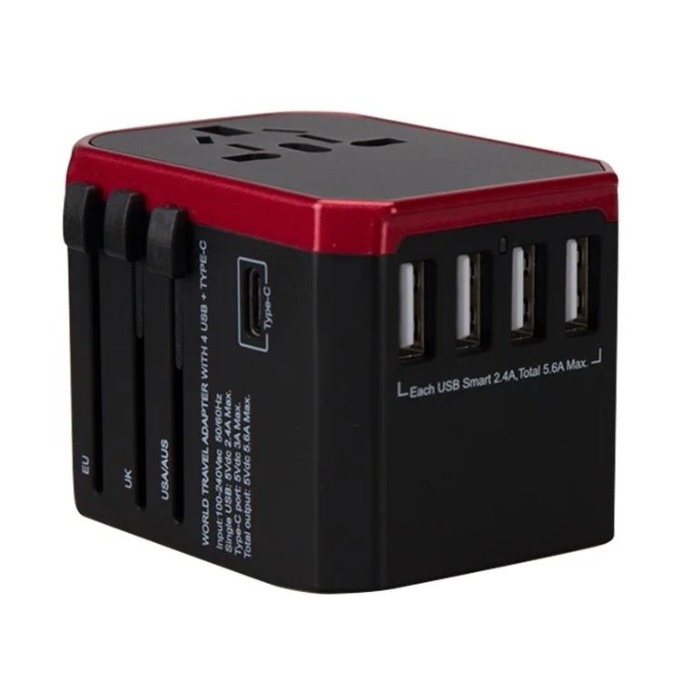 Adaptateur de Voyage Universel 788C Adaptateur de Fiche AC International 5.6A Chargeur à Grande Vitesse Avec 4 USB + Type-C - Rouge