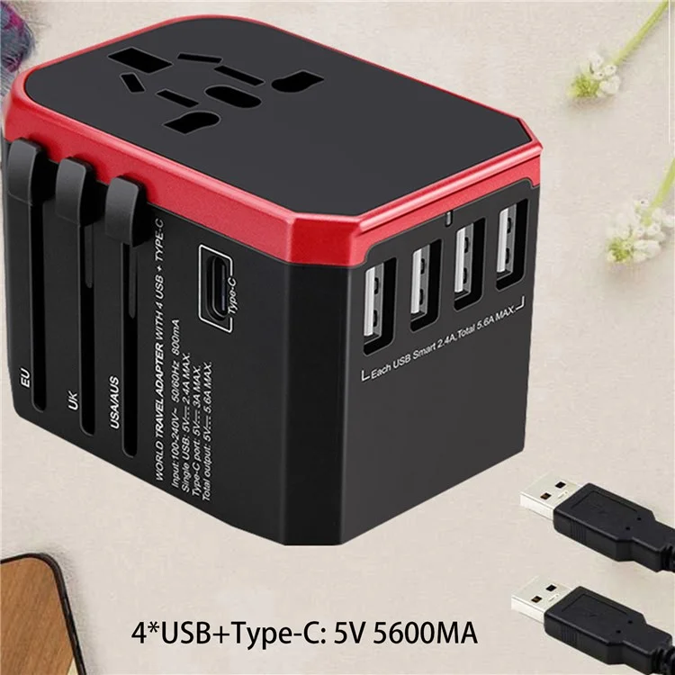 Adaptateur de Voyage Universel 788C Adaptateur de Fiche AC International 5.6A Chargeur à Grande Vitesse Avec 4 USB + Type-C - Rouge