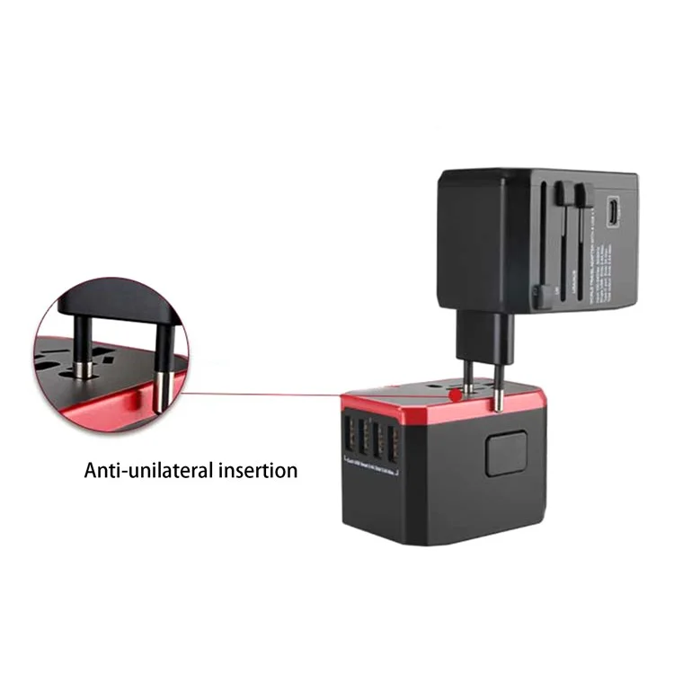 788C Adaptador de Viagem Universal International Adaptador de Plugue 5.6a Carregador de Alta Velocidade Com 4 USB + Tipo c - Vermelho