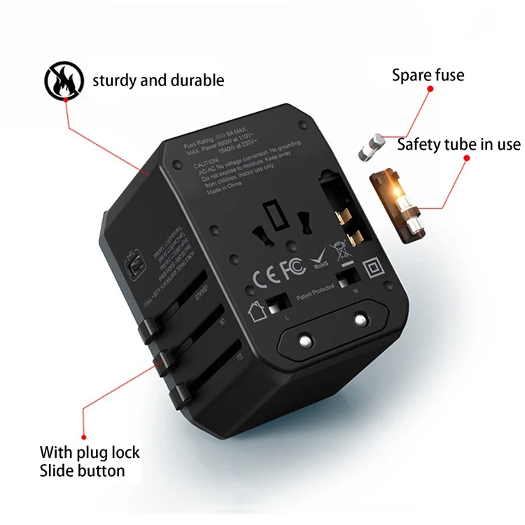 788C Universal Travel Adapter International AC Plug Adapter 5.6A High Speed Charger with 4 USB + Type-C - Red