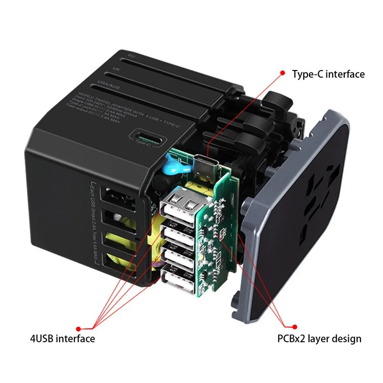 788C Universal Travel Adapter International AC Plug Adapter 5.6A High Speed Charger with 4 USB + Type-C - Rose Gold