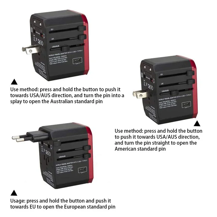 Adaptateur de voyage universel 788C International AC Plug Adapter 5.6A Chargeur haute vitesse avec 4 USB + Type-C - Or rose