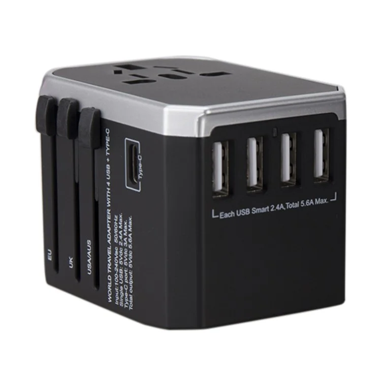 Adaptateur de Voyage Universel 788C Adaptateur de Fiche AC International 5.6A Chargeur à Grande Vitesse Avec 4 USB + Type-C - Argent