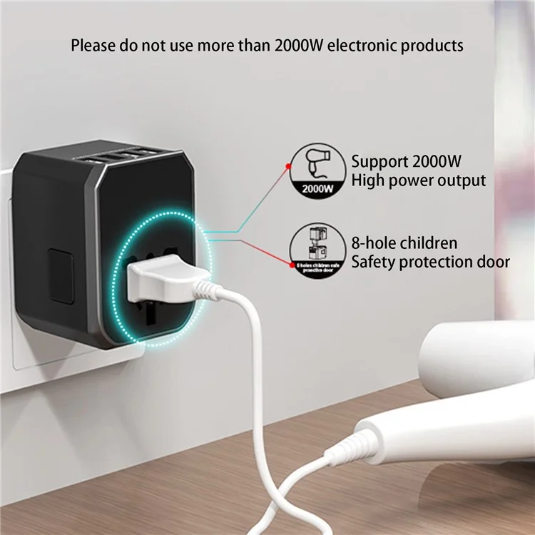 Adaptateur de voyage universel 788C International AC Plug Adapter 5,6A Chargeur haute vitesse avec 4 USB + Type-C - Argent