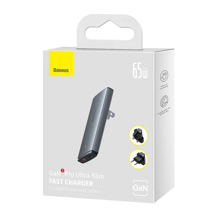 Chargeur rapide ultra-fin BASEUS CCGAN65C5-UT GaN5 Pro, 65 W, double port, chargeur de téléphone (édition pour l'étranger, avec adaptateur de prise EU+UK)