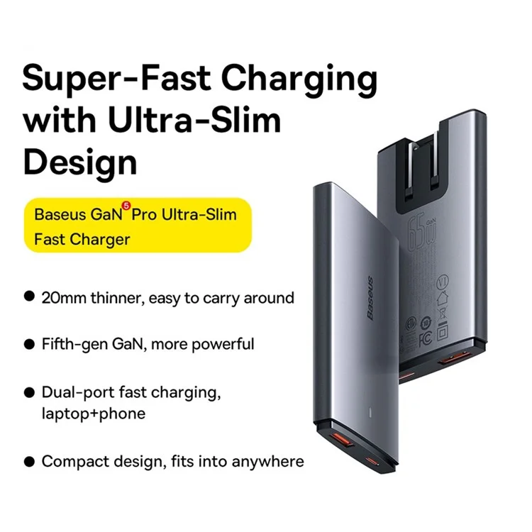 Chargeur rapide ultra-fin BASEUS CCGAN65C5-UT GaN5 Pro, 65 W, double port, chargeur de téléphone (édition pour l'étranger, avec adaptateur de prise EU+UK)