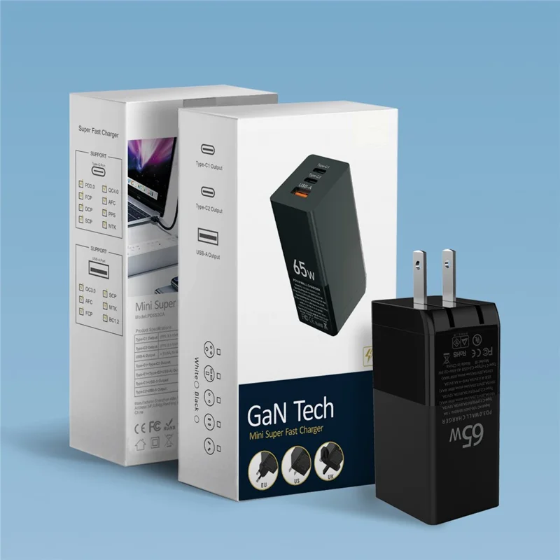 i10 65W Szybkie Ładowanie GaN Ładowarka 2x Typ-C + 1x USB-A PD QC 3.0 Adapter Ładowania - Wtyk US