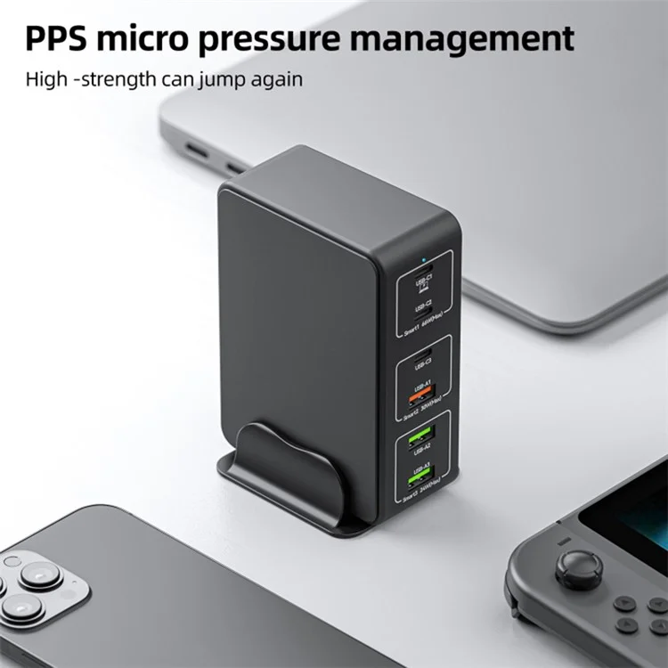 Chargeur de bureau 818H 120W PD à charge rapide, 3 USB-C + 3 USB-A, pour téléphone portable/tablette - Noir / Prise UK