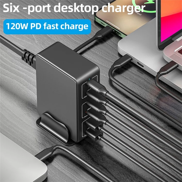 Chargeur de bureau 818H 120W PD à charge rapide avec 3 ports USB-C et 3 ports USB-A pour téléphone portable / tablette - Blanc / Prise AU