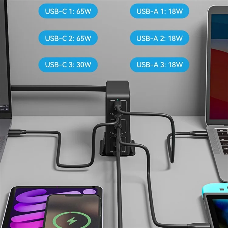 Chargeur de bureau 818H 120W PD à charge rapide avec 3 ports USB-C et 3 ports USB-A pour téléphone portable / tablette - Blanc / Prise AU