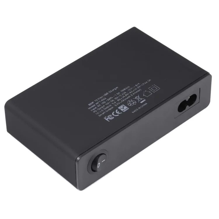 MFT-03Q USB Charger 10-Port 65W Multi-Port Type-C QC3.0 Charging Hub Compact Desktop Power Station - Black / US Plug