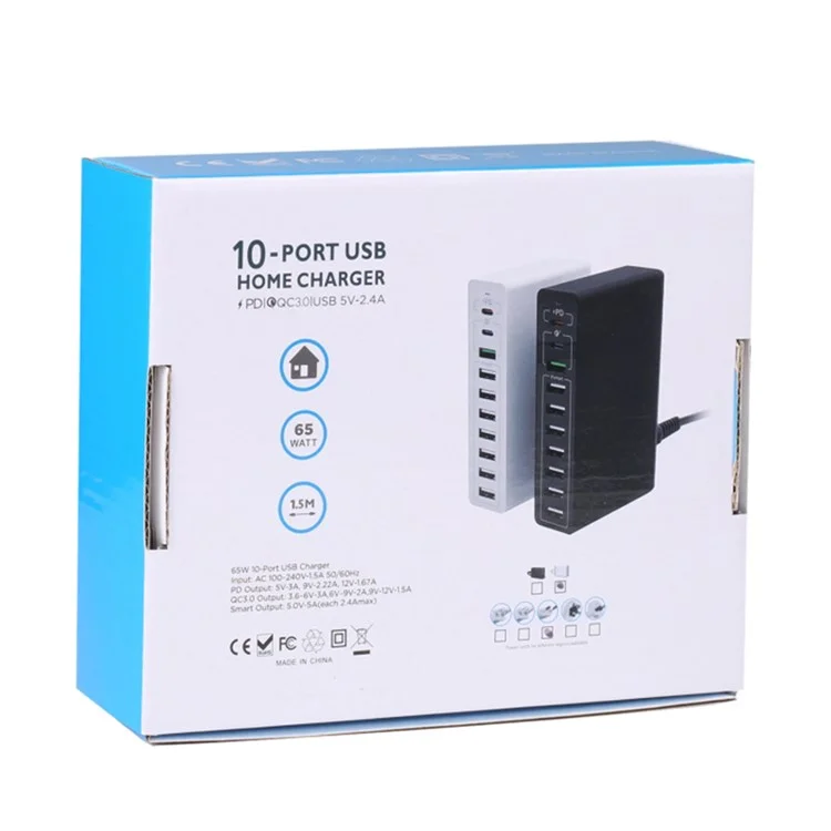 MFT-03Q USB Charger 10-Port 65W Multi-Port Type-C QC3.0 Charging Hub Compact Desktop Power Station - Black / US Plug