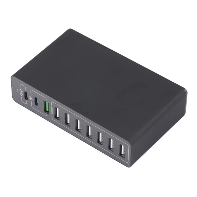 MFT-03Q USB Charger 10-Port 65W Multi-Port Type-C QC3.0 Charging Hub Compact Desktop Power Station - Black / EU Plug