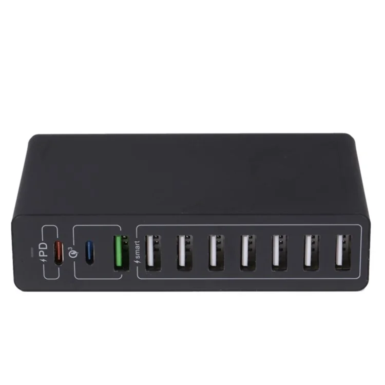 MFT-03Q USB Charger 10-Port 65W Multi-Port Type-C QC3.0 Charging Hub Compact Desktop Power Station - Black / EU Plug