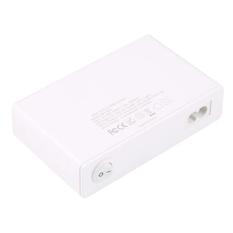 MFT-03Q USB Charger 10-Port 65W Multi-Port Type-C QC3.0 Charging Hub Compact Desktop Power Station - White / UK Plug
