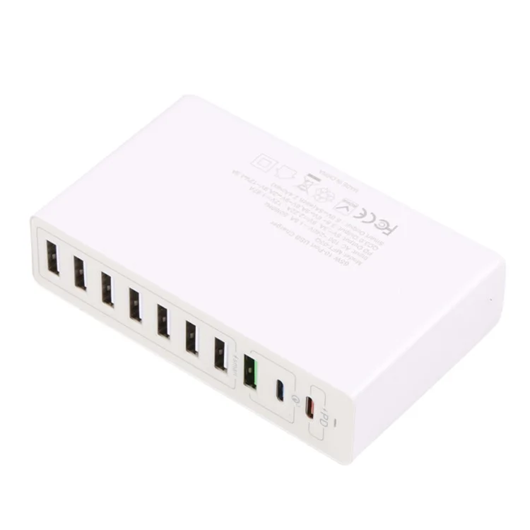 MFT-03Q USB Charger 10-Port 65W Multi-Port Type-C QC3.0 Charging Hub Compact Desktop Power Station - White / US Plug