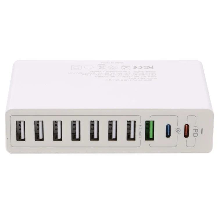 MFT-03Q USB Charger 10-Port 65W Multi-Port Type-C QC3.0 Charging Hub Compact Desktop Power Station - White / US Plug