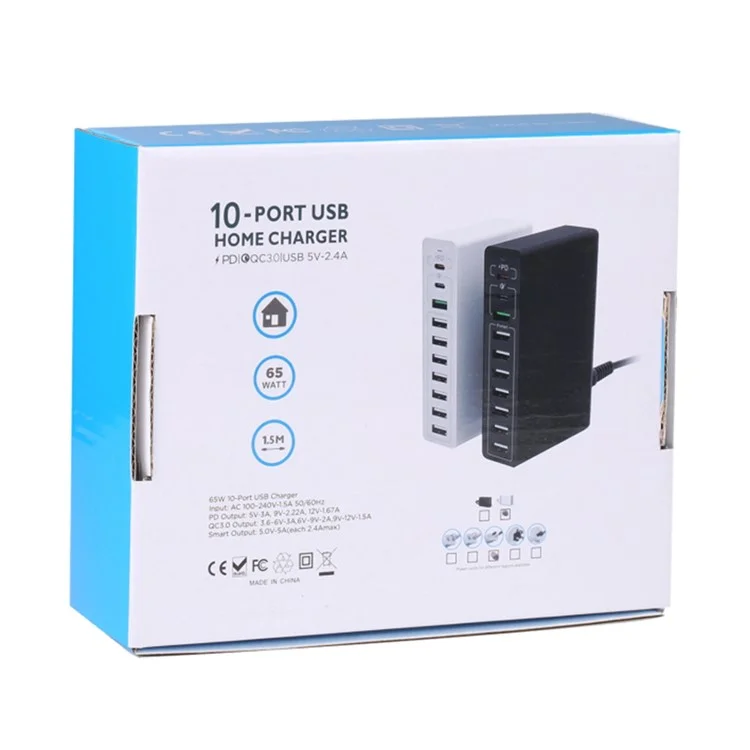 MFT-03Q USB Charger 10-Port 65W Multi-Port Type-C QC3.0 Charging Hub Compact Desktop Power Station - White / EU Plug