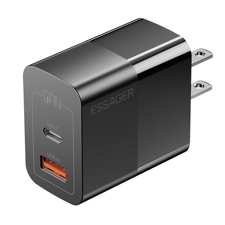 ESSAGER 33W USB-A + Cargador de pared con alimentación rápida USB-C de puerto dual GaN - Enchufe de EE. UU. / Negro