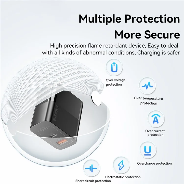 ESSAGER 33W USB-A + Cargador de pared con alimentación rápida USB-C de puerto dual GaN - Enchufe de EE. UU. / Negro