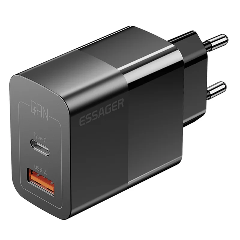 ESSAGER 33W USB-A + Type-C snabbladdningsadapter GaN dubbelport vägguppladdare - EU-uttag/Svart
