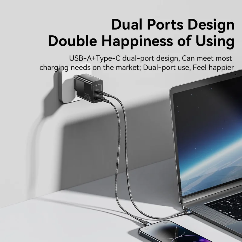 ESSAGER 33W USB-A + Type-C snabbladdningsadapter GaN dubbelport vägguppladdare - EU-uttag/Svart