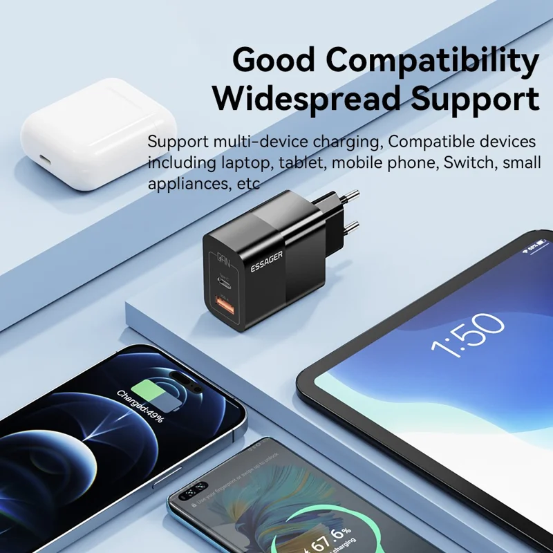 ESSAGER 33W USB-A + Type-C snabbladdningsadapter GaN dubbelport vägguppladdare - EU-uttag/Svart