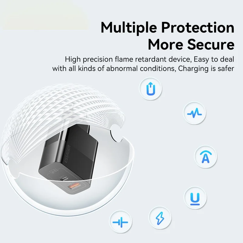 ESSAGER 33W USB-A + Type-C Fast Charging Adapter GaN Dual Port Wall Charger - EU Plug / White