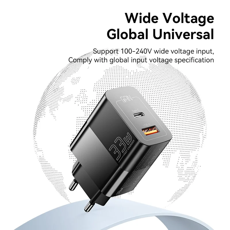 ESSAGER 33W USB-A + Type-C Fast Charging Adapter GaN Dual Port Wall Charger - EU Plug / White