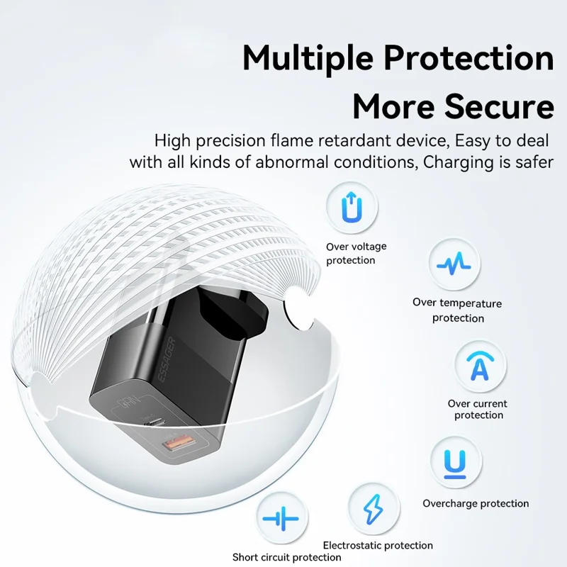 ESSAGER 33W USB-A + Type-C Fast Charging Adapter GaN Dual Port Wall Charger - UK Plug / White