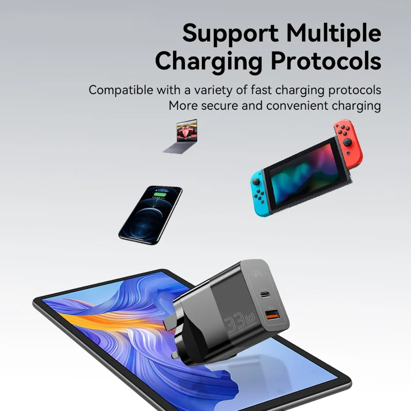 ESSAGER 33W USB-A + Type-C Fast Charging Adapter GaN Dual Port Wall Charger - UK Plug / White