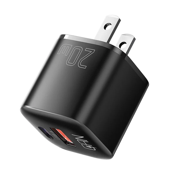 ESSAGER Curved Design 20W USB-A + Type-C GaN Wall Charger Phone Fast Charging Adapter - US Plug / Black