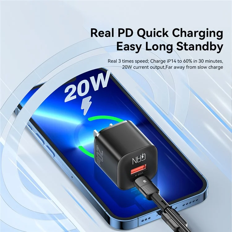 ESSAGER Curved Design 20W USB-A + Type-C GaN Wall Charger Phone Fast Charging Adapter - US Plug / Black