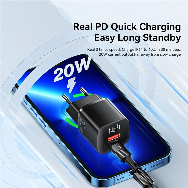 Essager Design Curvo 20W USB-A + Tipo c Gan Charger Phone Adaptador de Carregamento Rápido - Plugue da ue / Preto