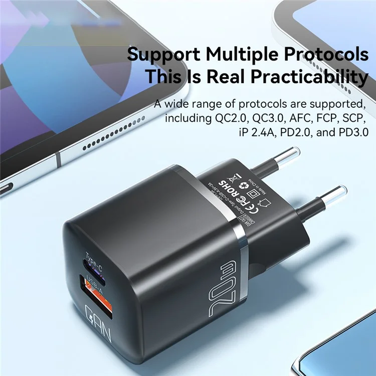 ESSAGER Curved Design 20W USB-A + Type-C GaN Wall Charger Phone Fast Charging Adapter - EU-Stecker / Schwarz