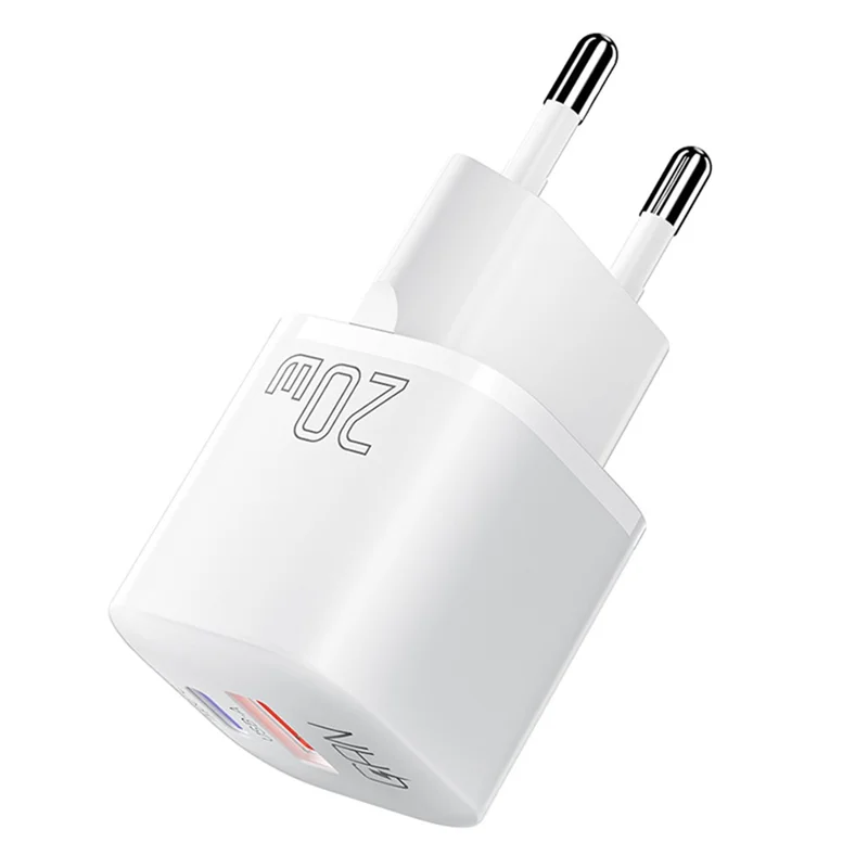 ESSAGER Curved Design 20W USB-A + Type-C GaN Wall Charger Phone Fast Charging Adapter - EU Plug / White
