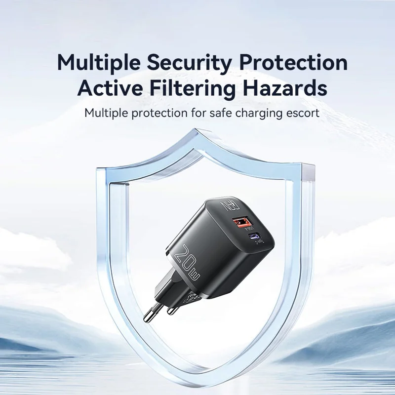 ESSAGER Curved Design 20W USB-A + Type-C GaN Wall Charger Phone Fast Charging Adapter - EU Plug / White