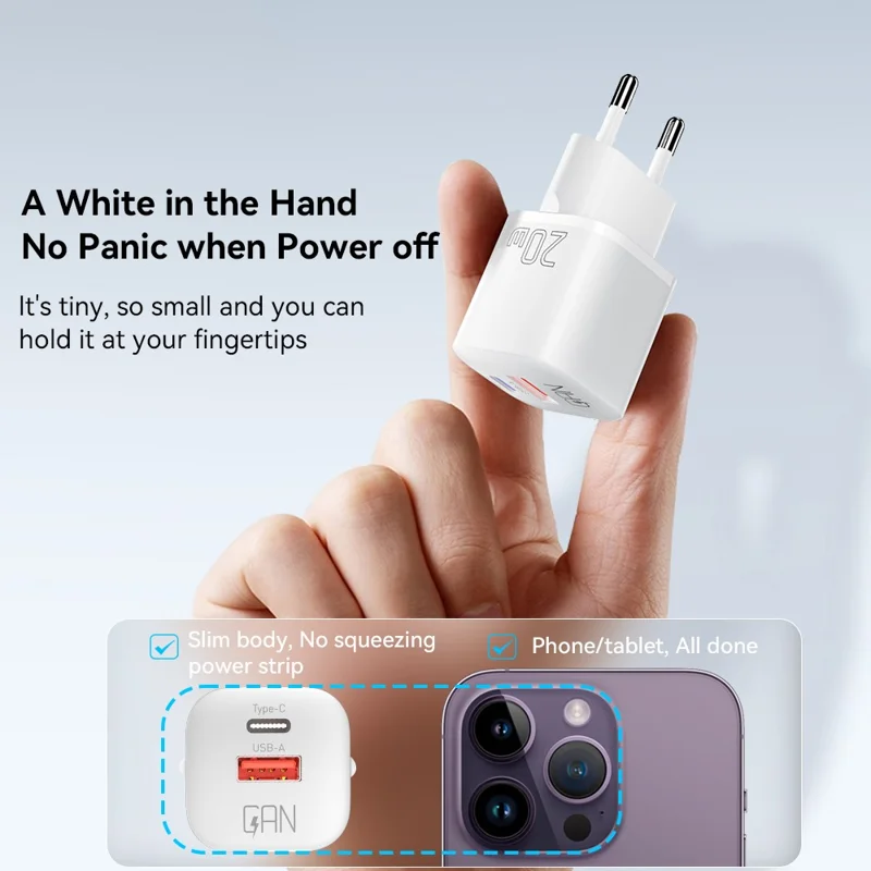 ESSAGER Curved Design 20W USB-A + Type-C GaN Wall Charger Phone Fast Charging Adapter - EU Plug / White