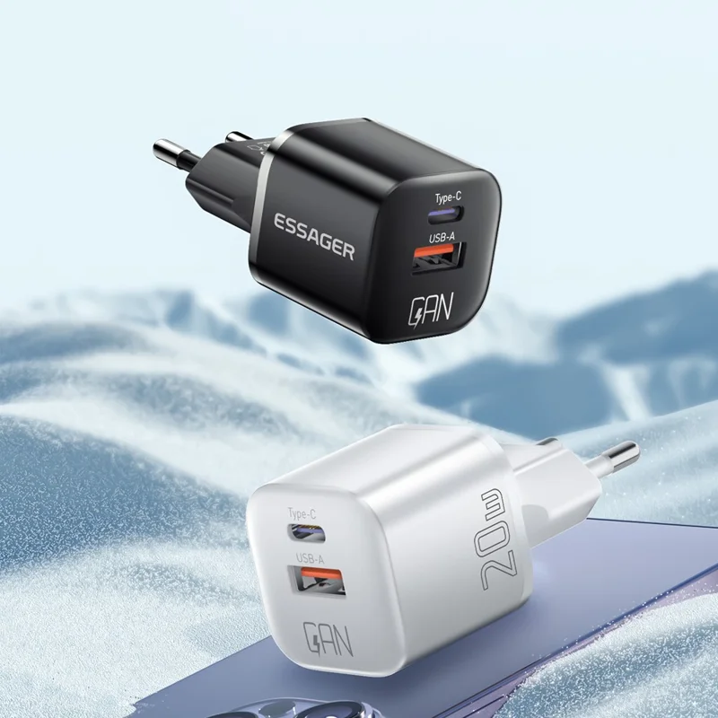 ESSAGER Curved Design 20W USB-A + Type-C GaN Wall Charger Phone Fast Charging Adapter - EU Plug / White