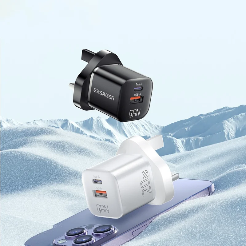 ESSAGER Curved Design 20W USB-A + Type-C GaN Wall Charger Phone Fast Charging Adapter - UK Plug / Black