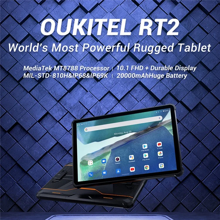OUKITEL RT2 10.1-inch Tablet MT8788 8GB+128GB Android 12 20000mAh Rugged Tablet 16MP Camera - Black