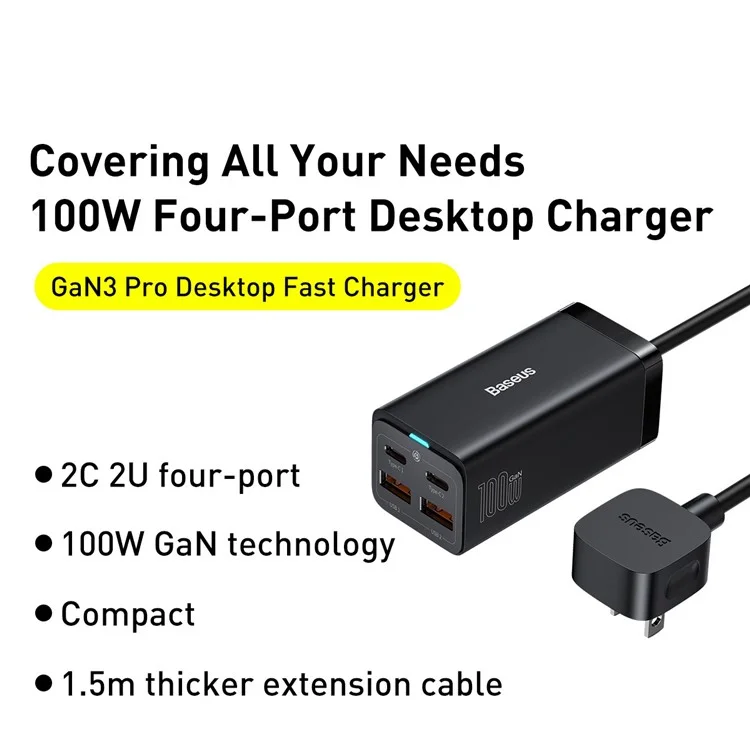 BASEUS GaN3 Pro Desktop Fast Charger 2 USB + 2 Type-C 100W Phone Fast Charging Adapter - Prise US