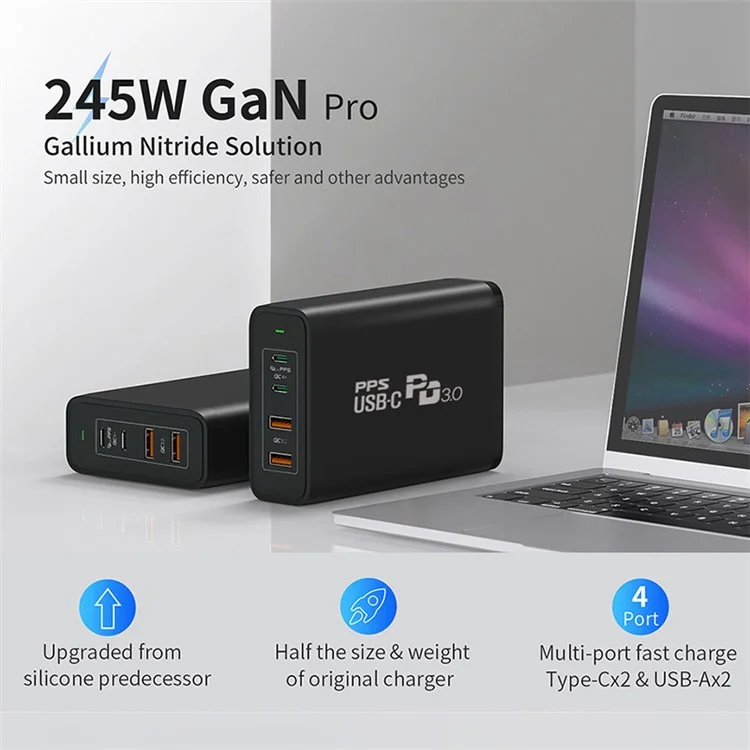 245W GaN Ladegerät USB-C Netzteil-Adapter 4-Port PD 100W QC 22.5W Mini Schreibtischladegerät für MacBook iPad iPhone - EU-Stecker