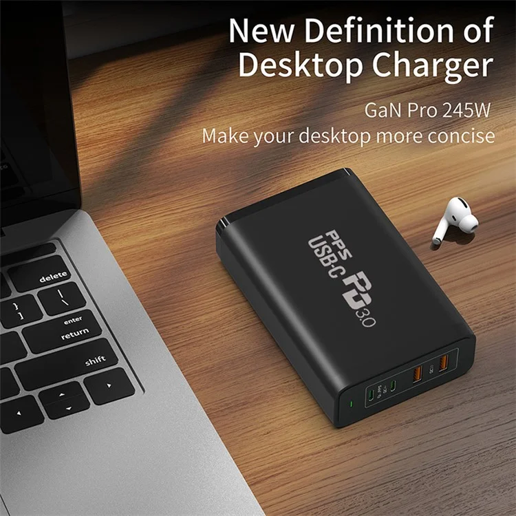 245W GaN Ladegerät USB-C Netzteil-Adapter 4-Port PD 100W QC 22.5W Mini Schreibtischladegerät für MacBook iPad iPhone - EU-Stecker