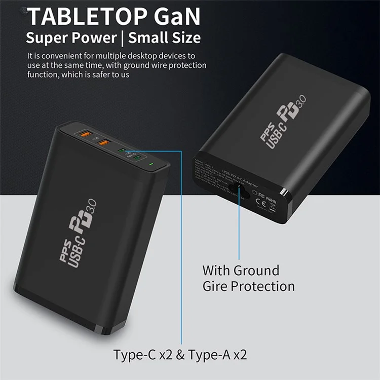 245W GaN Charger USB-C Power Adapter 4-Port PD 100W QC 22.5W Mini Desktop Charger for MacBook iPad iPhone - US Plug