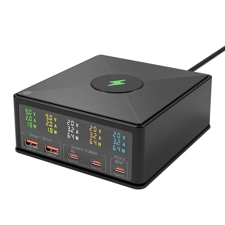 868H Cargador de teléfono 6 en 1 de 160 W con PD+QC3.0, cargador de escritorio inalámbrico multifuncional de 15 W con 2 USB, 3 Type-C - Enchufe US