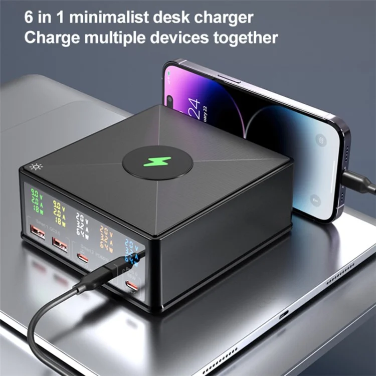 868H Cargador de teléfono 6 en 1 de 160 W con PD+QC3.0, cargador de escritorio inalámbrico multifuncional de 15 W con 2 USB, 3 Type-C - Enchufe US
