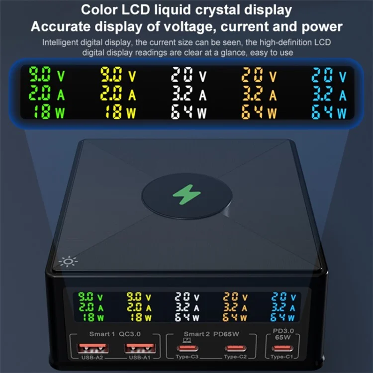 868H Cargador de teléfono 6 en 1 de 160 W con PD+QC3.0, cargador de escritorio inalámbrico multifuncional de 15 W con 2 USB, 3 Type-C - Enchufe US